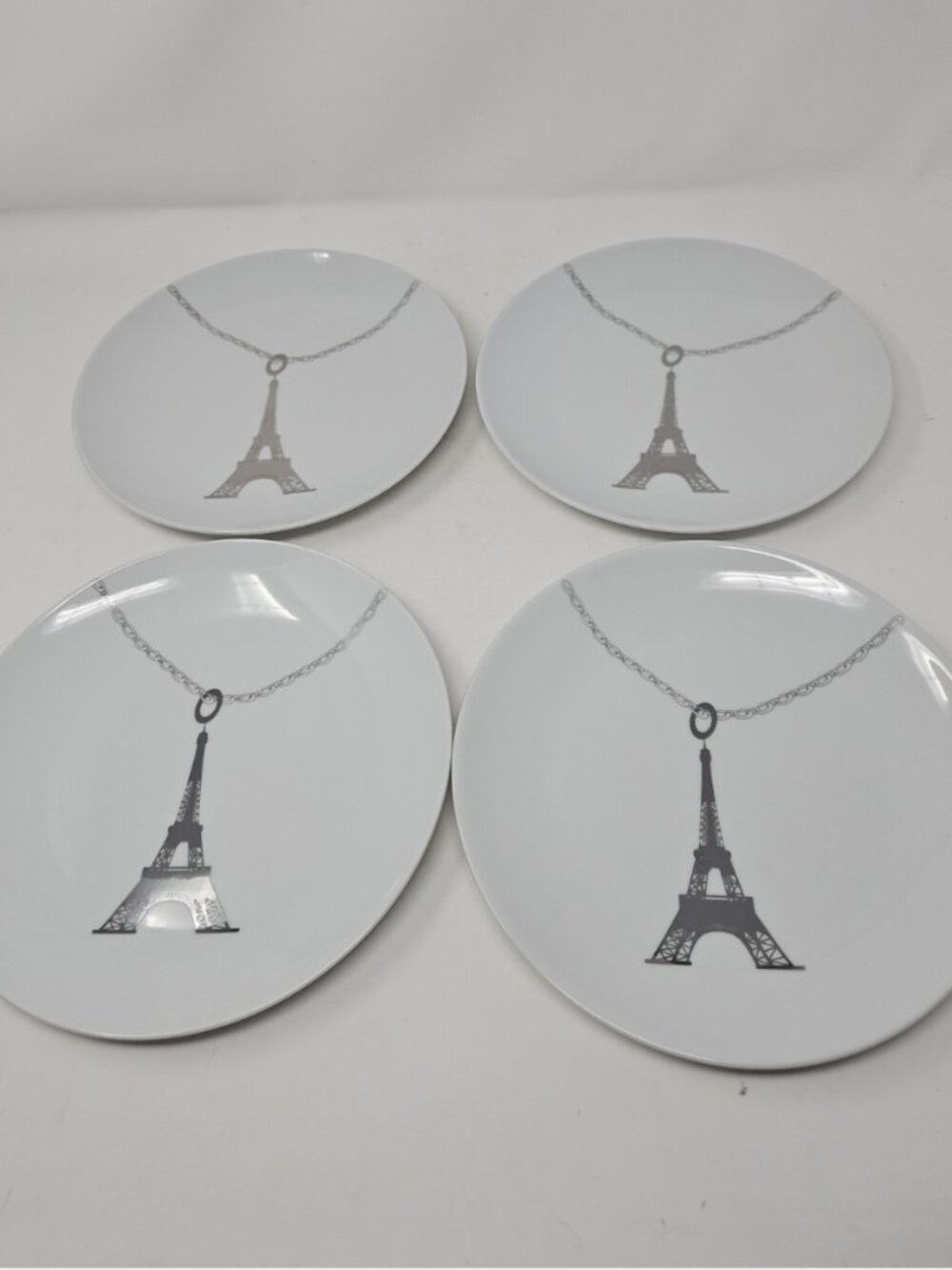 4 Vintage Porcelain Aulica Plates Eiffel Tower On Chain Platinum Silver France